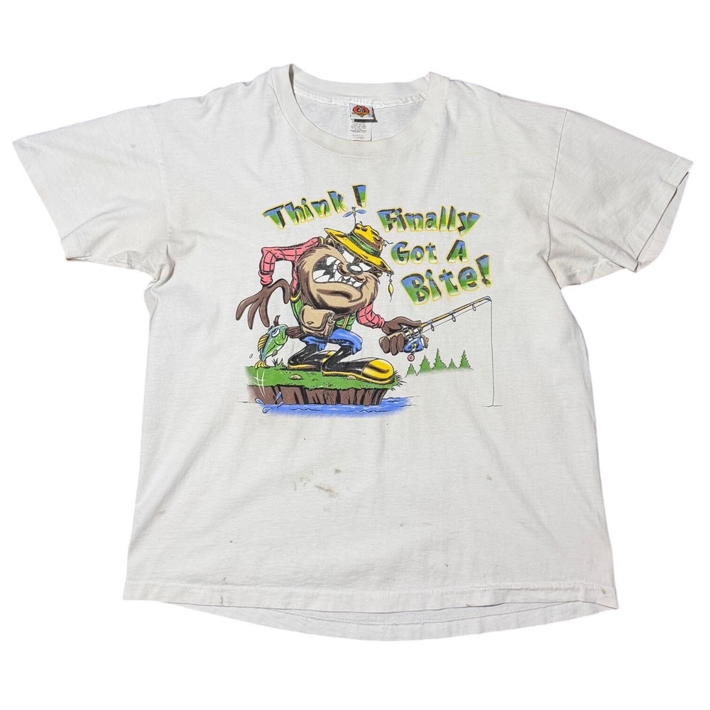 Vintage 90s Taz Looney Tunes Tazmanian Devil Fishing Distressed Retro T-shirt XL